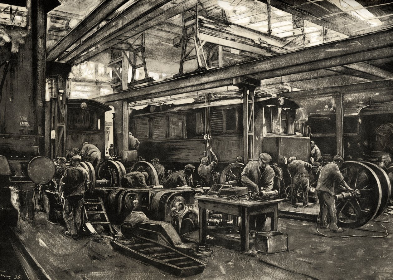 Tyska järnvägar - Reichsbahns reparationsverkstad för elektriska lok i München. 1935 (tryck) av Rudolf Lipus