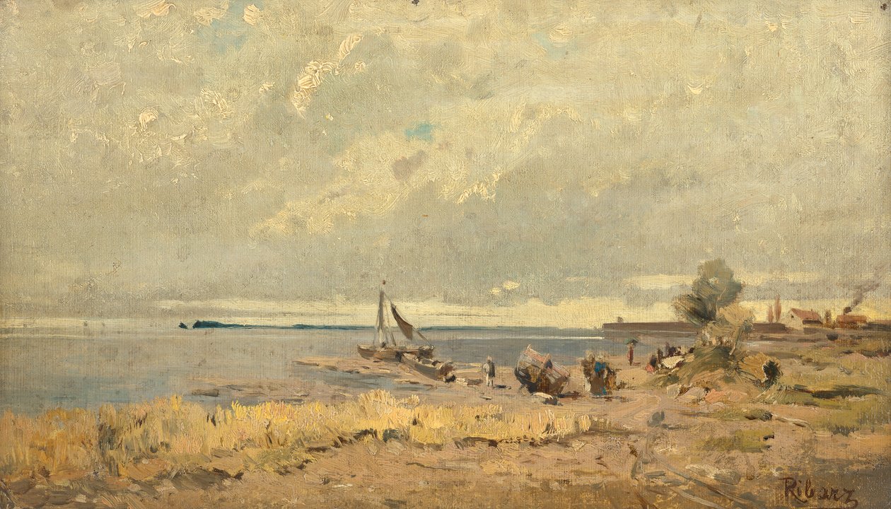 Strandlandskap med båtar av Rudolf Ribarz