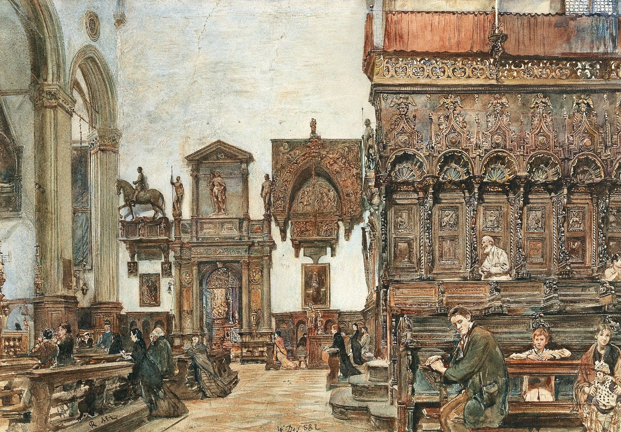 Interiören i Basilica di Santa Maria Gloriosa dei Frari i Venedig med böner i korstolarna av Rudolf von Alt