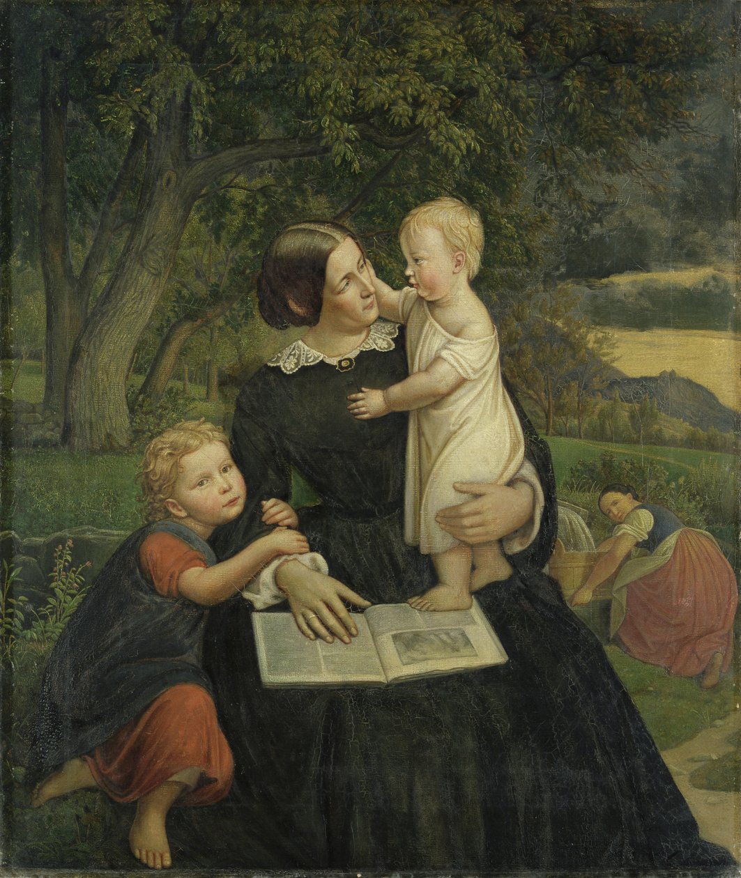 Emilie Marie Wasmann, konstnärens hustru, med de äldsta barnen Elise och Erich, 1860. av Rudolph Friedrich Wasmann