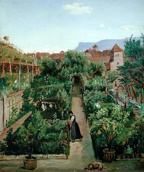 Ottmannsgutes blomsterträdgård i Merano, ca 1840 (olja på papper på kartong) av Rudolph Friedrich Wasmann