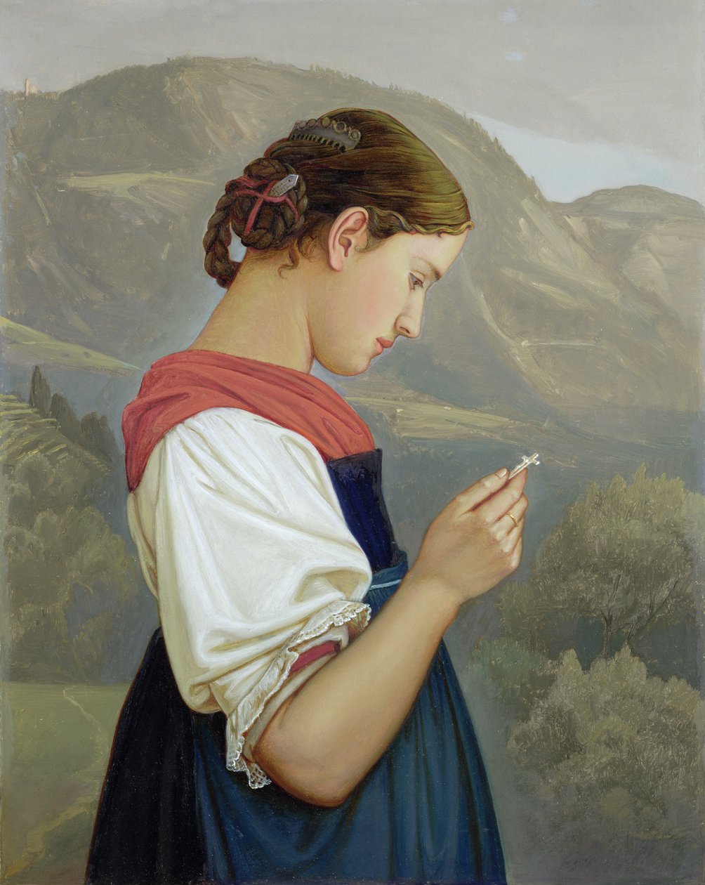 Tyrolsk flicka överväger ett krucifix, 1865 (olja på papper) av Rudolph Friedrich Wasmann