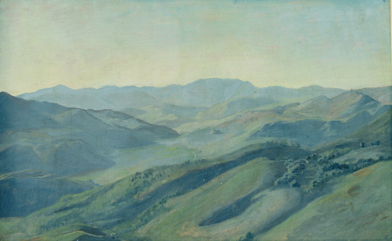 Utsikt över landskapet i Tyrolen, ca 1842 (olja på papper monterad på kort) av Rudolph Friedrich Wasmann