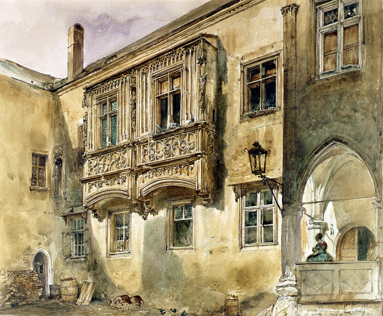 Gotisk balkong på innergården i Klosterneuburg Abbey, ca 1840 av Rudolf von Alt
