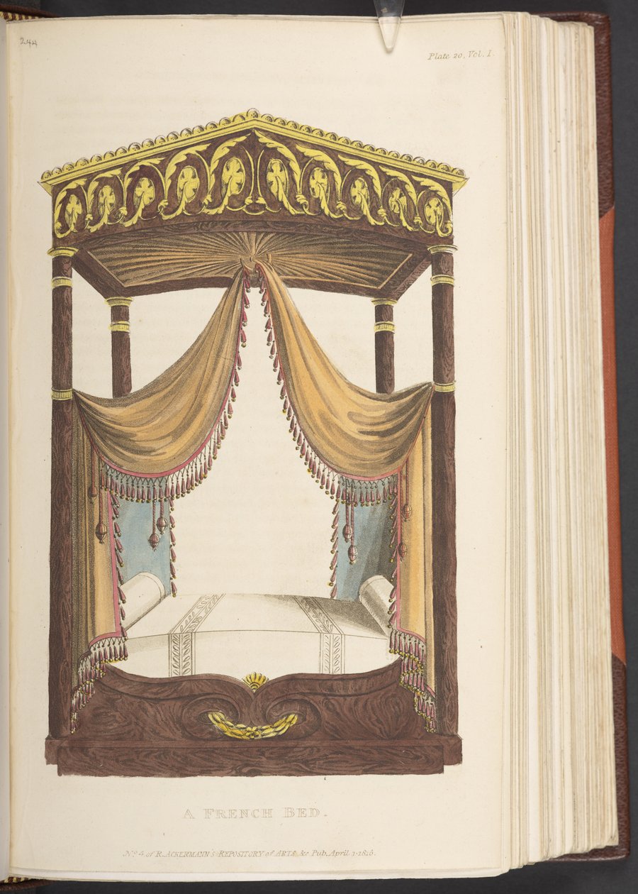A French Bed, från Ackermanns Repository of Arts, april 1816 (färg litho) av Rudolph Ackermann