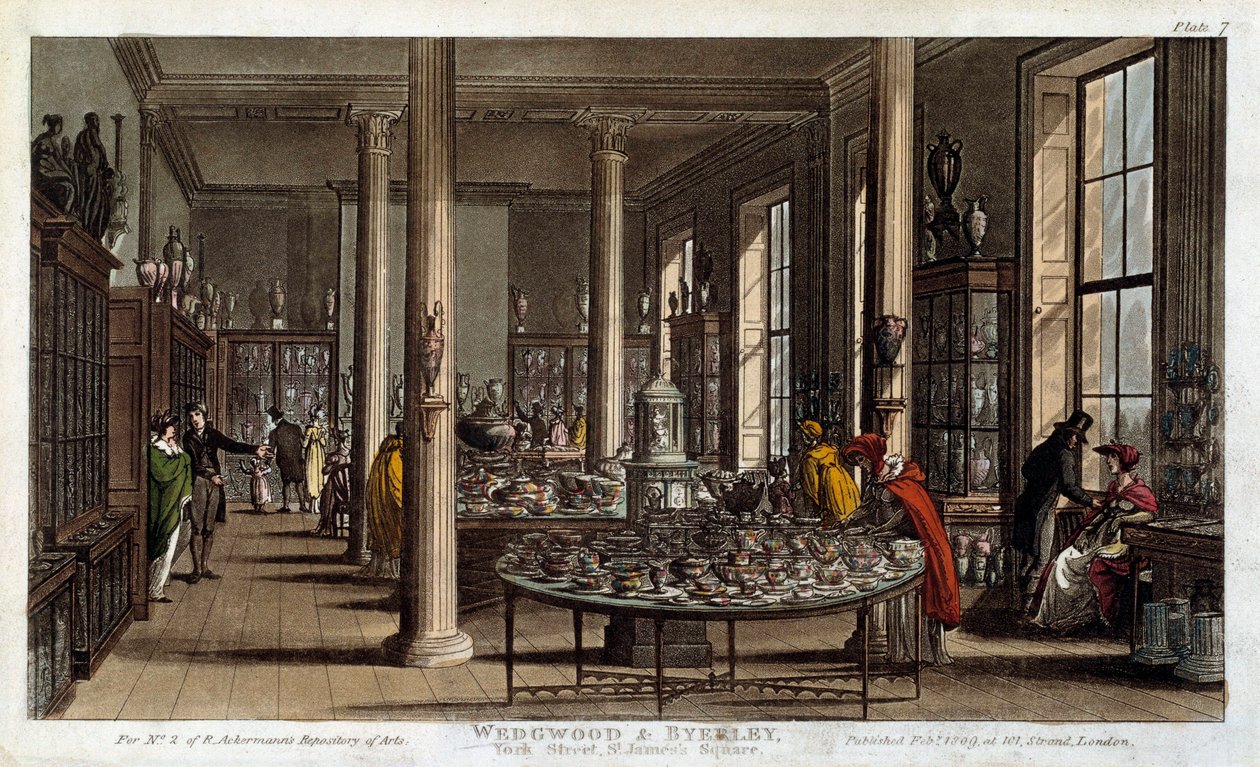 Interiörvy av en Wedgwood-porslinsbutik i London Litografi av R. Ackermann av Rudolph Ackermann