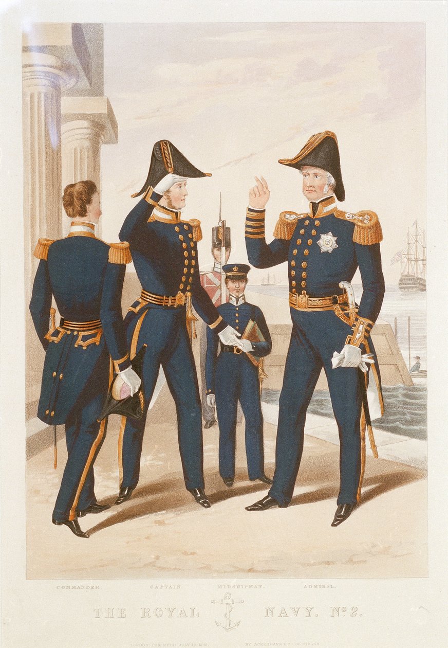 "Den kungliga flottan. Nr 2. Kommendörkapten. Kapten. Midshipman. Amiral. av Rudolph Ackermann