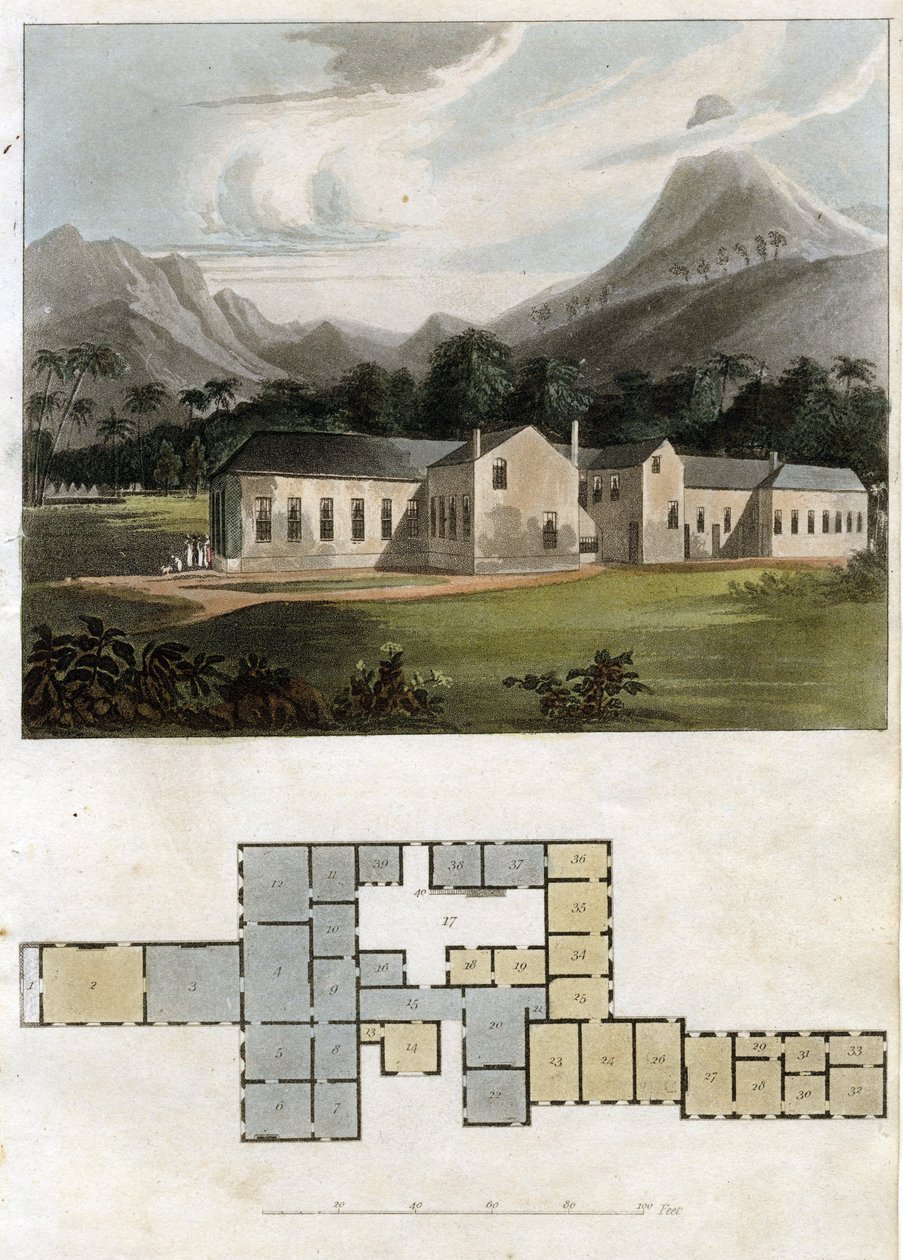 Utsikt och plan för Longwood House, St. Helena: Napoleon Bonapartes residens av Rudolph Ackermann