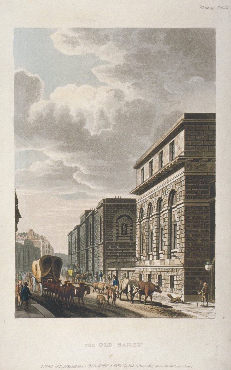 Utsikt över Old Bailey, norrut, City of London, 1814 av Rudolph Ackermann