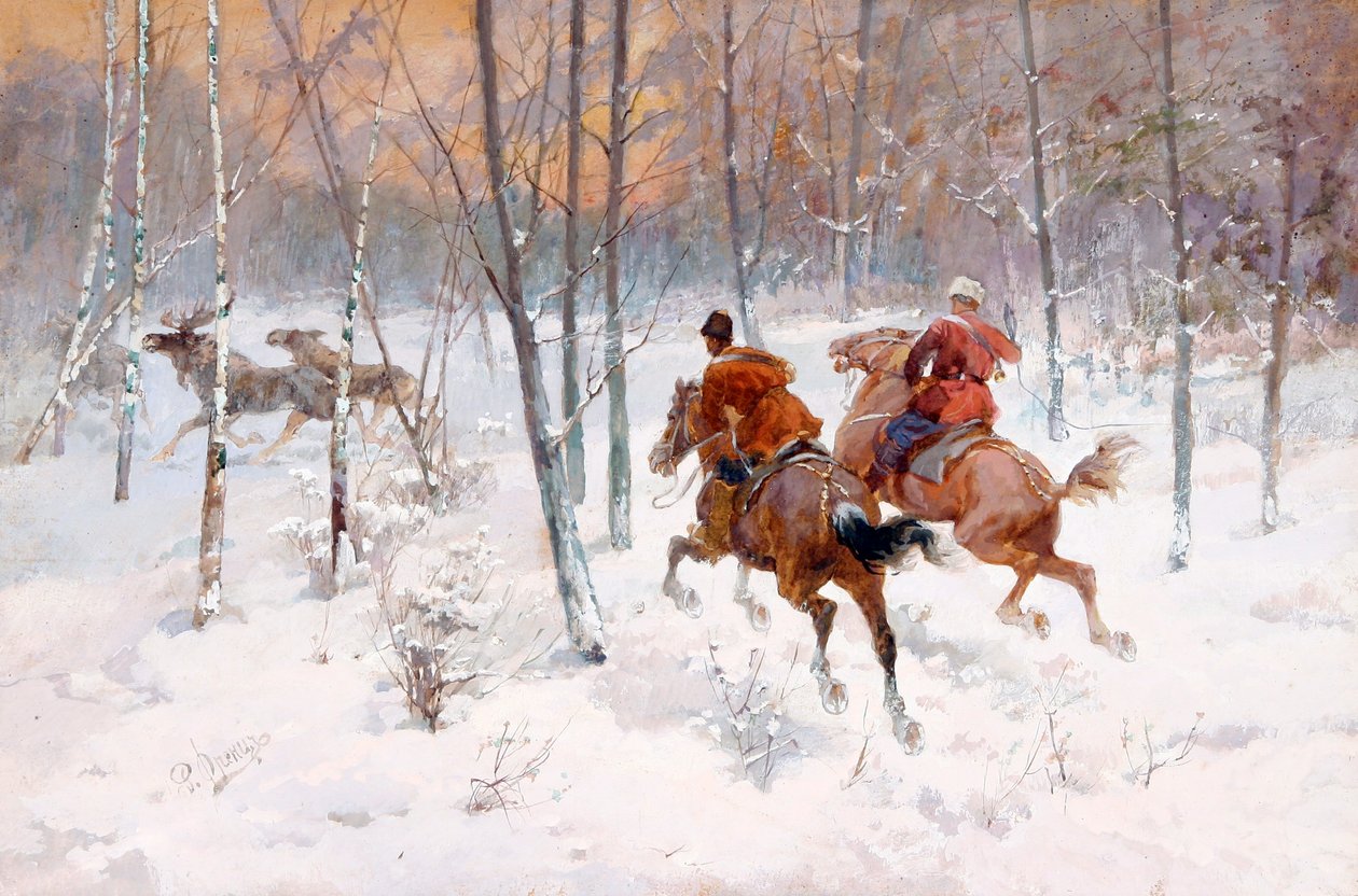 Älgjakt - Älgjakt av Frenz, Rudolf Ferdinandovich (1831-1918), - Akvarell, Gouache på papper, 39,5x60 - Privat samling av Rudolph Frenz