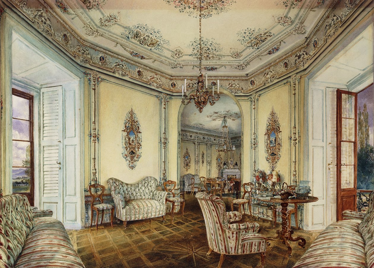 Inre vy av salongen av ett slott i Obertwaltersdorf; Interiörvy av en salong i Obertwaltersdorf slott, av Rudolf von Alt