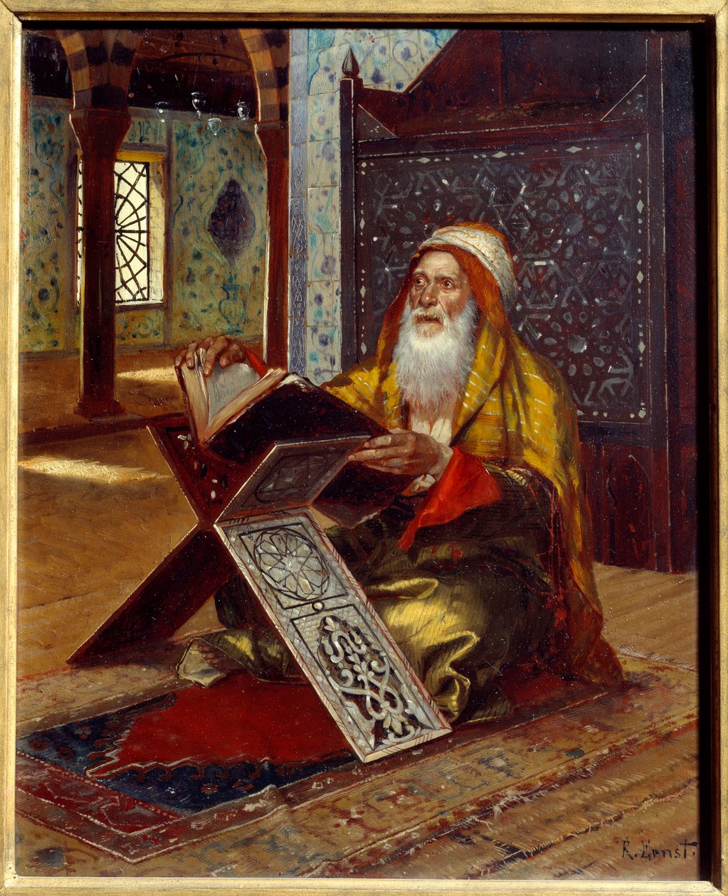 Skrivbordet En imam som läser Koranen. Målning av Rudolph (eller Rudolphe) Ernst (1854-1932) 1800-talets Nantes, Musee des Beaux Arts av Rudolphe Ernst