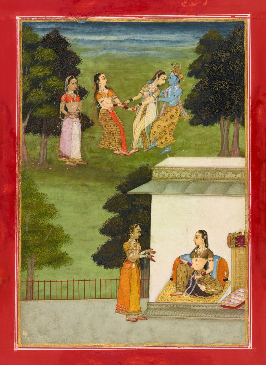 Krishna leker med <em>gopis</em>, folio från en <em>Rasikpriya</em> av Ruknuddin