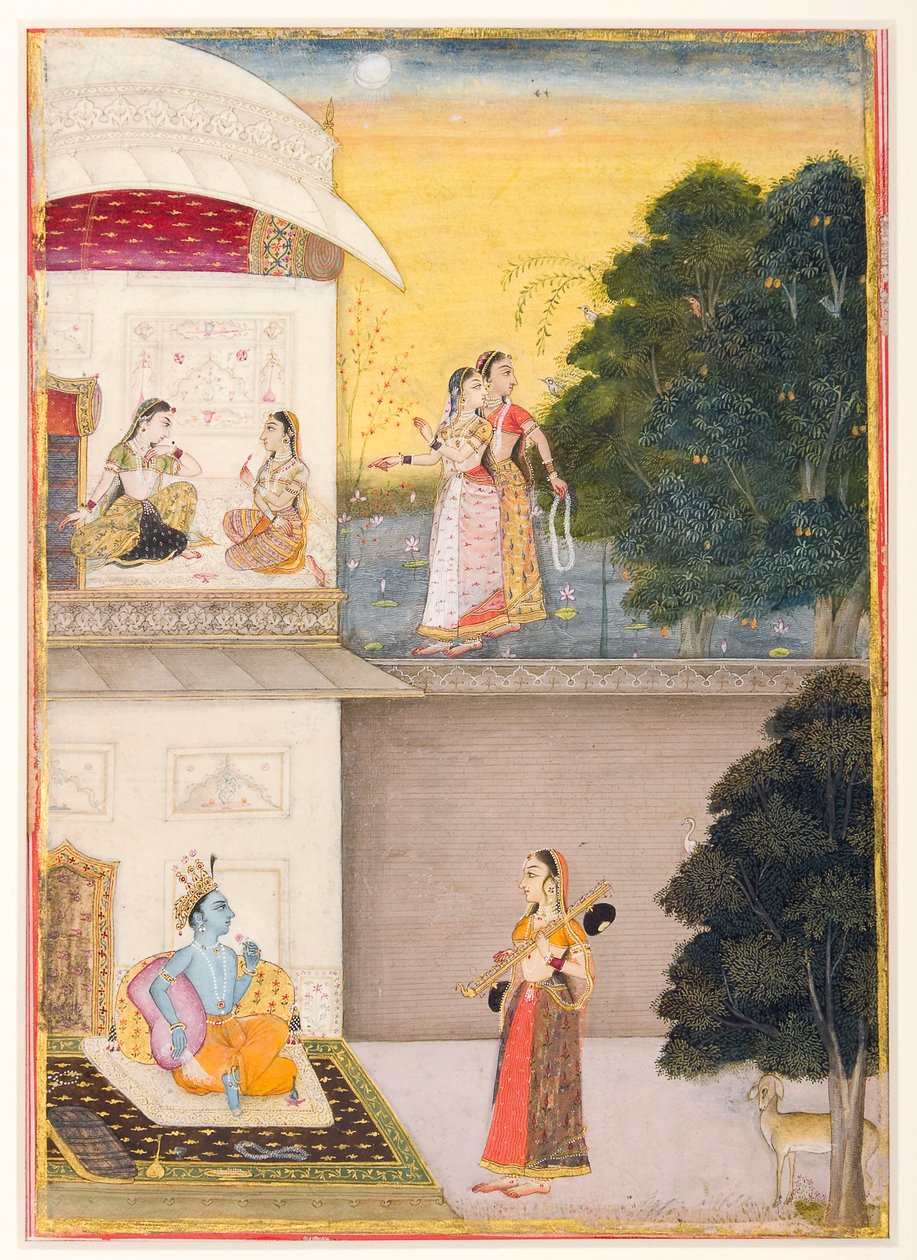 Radha kommer till Krishna med sin vina, 1685 (ogenomskinlig wc och guld på papper) av Ruknudin of Bikaner