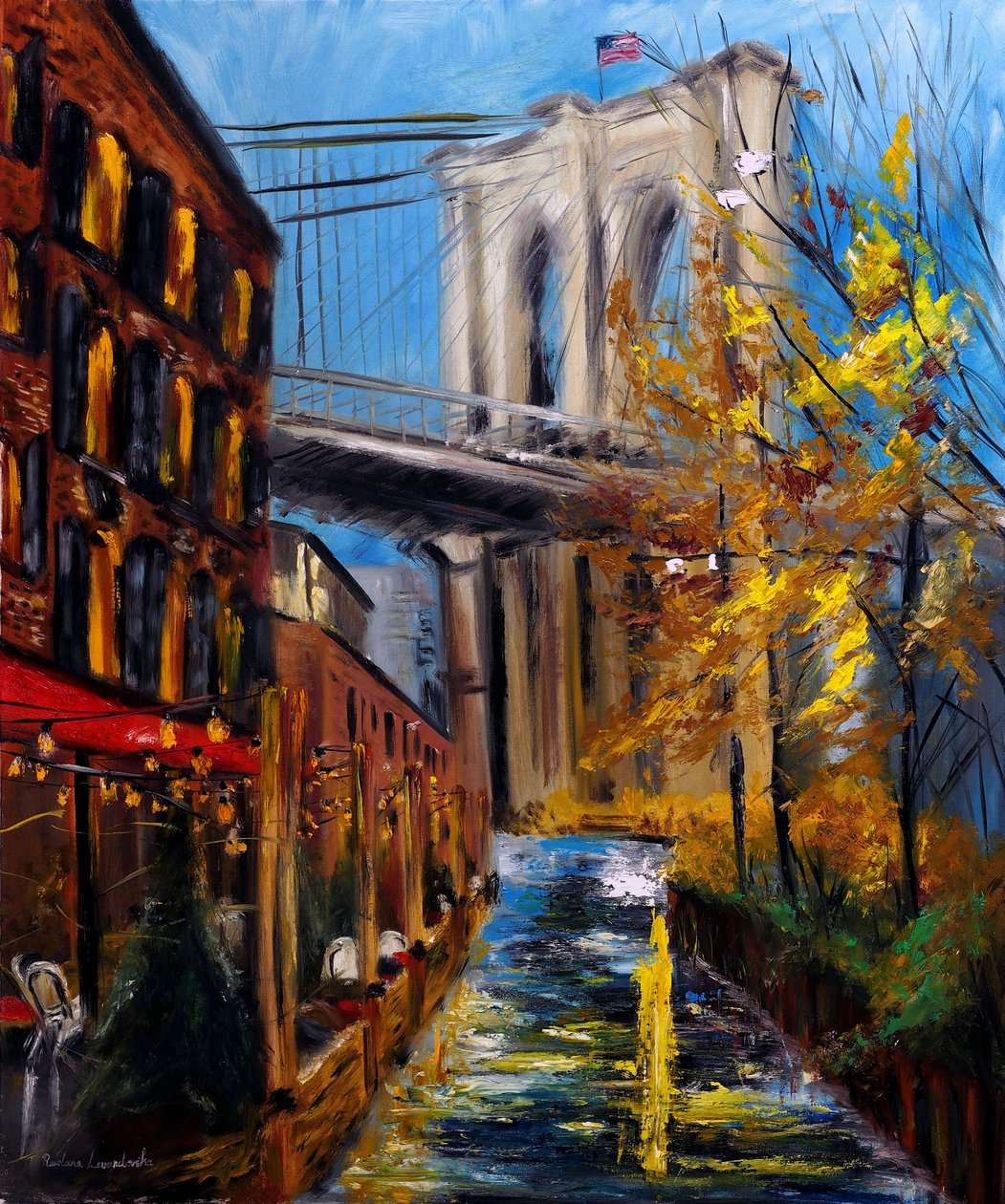 Autumn at Brooklyn Bridge i DUMBO New York, 2021 (olja på duk) av Ruslana Levandovska