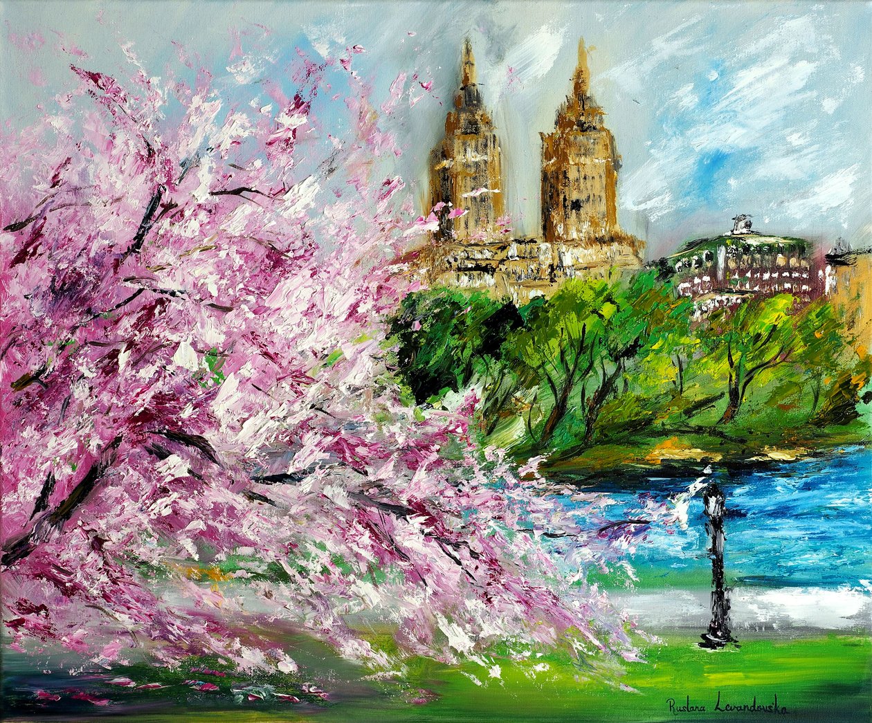 Cherry Blossoms at Central Park New York, 2022 (olja på duk) av Ruslana Levandovska