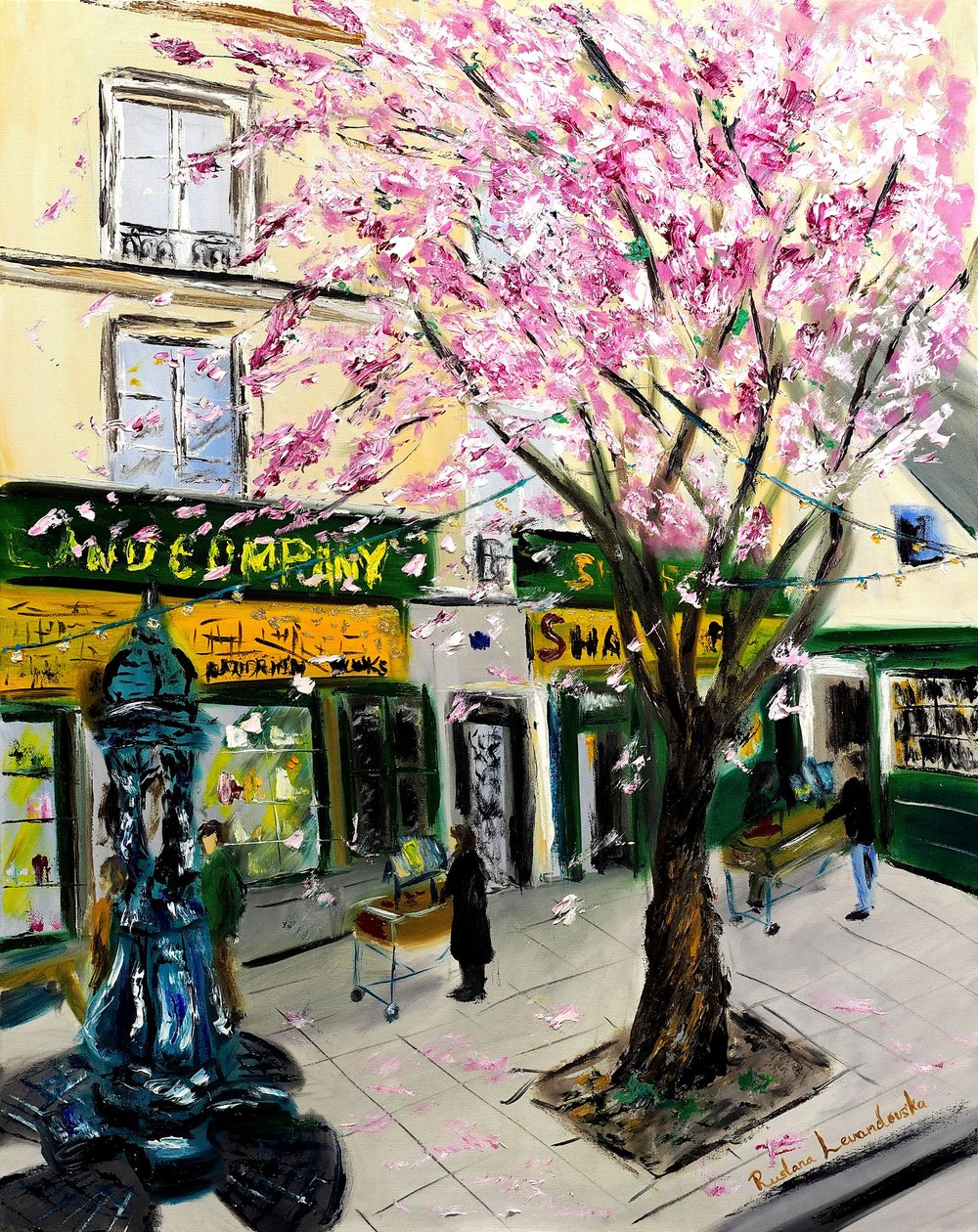 Körsbärsblommor på Shakespeare and Co Paris - med guldutsmyckning, 2023 (olja på duk) av Ruslana Levandovska