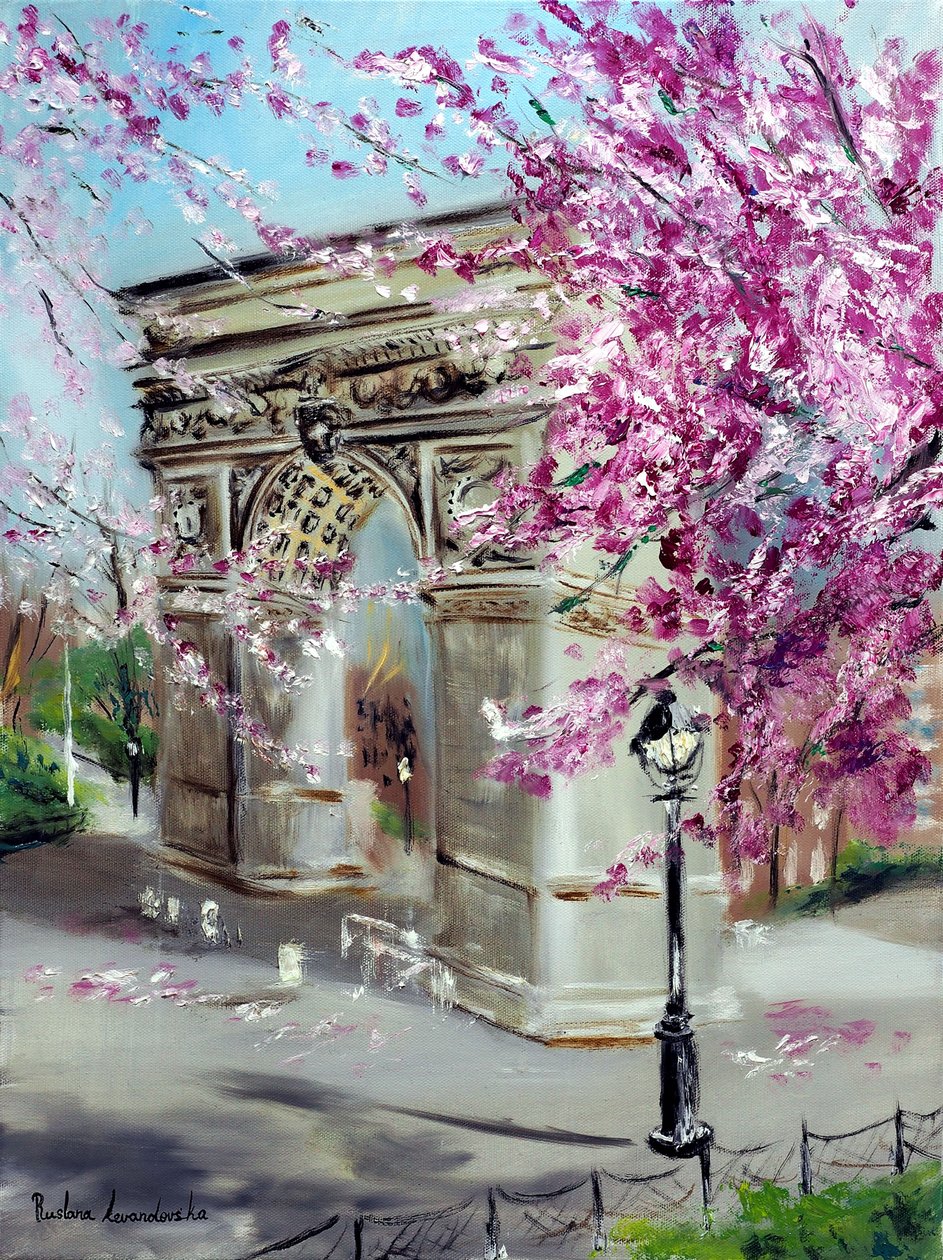 Cherry Blossoms at Washington Square Park New York, 2022 (olja på duk) av Ruslana Levandovska