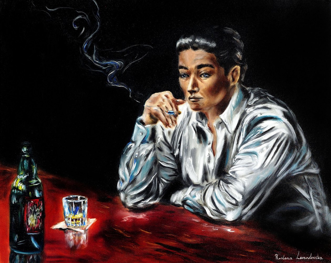 Mystery at the Bar, 2024 (olja på duk) av Ruslana Levandovska