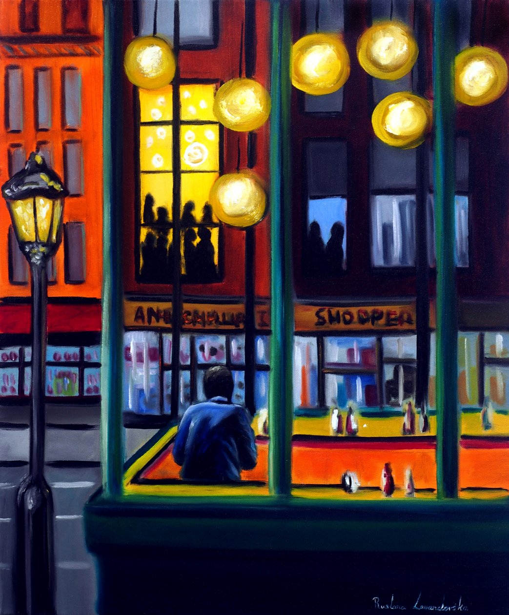 Nightfall Cafe, 2025 (olja på duk) av Ruslana Levandovska