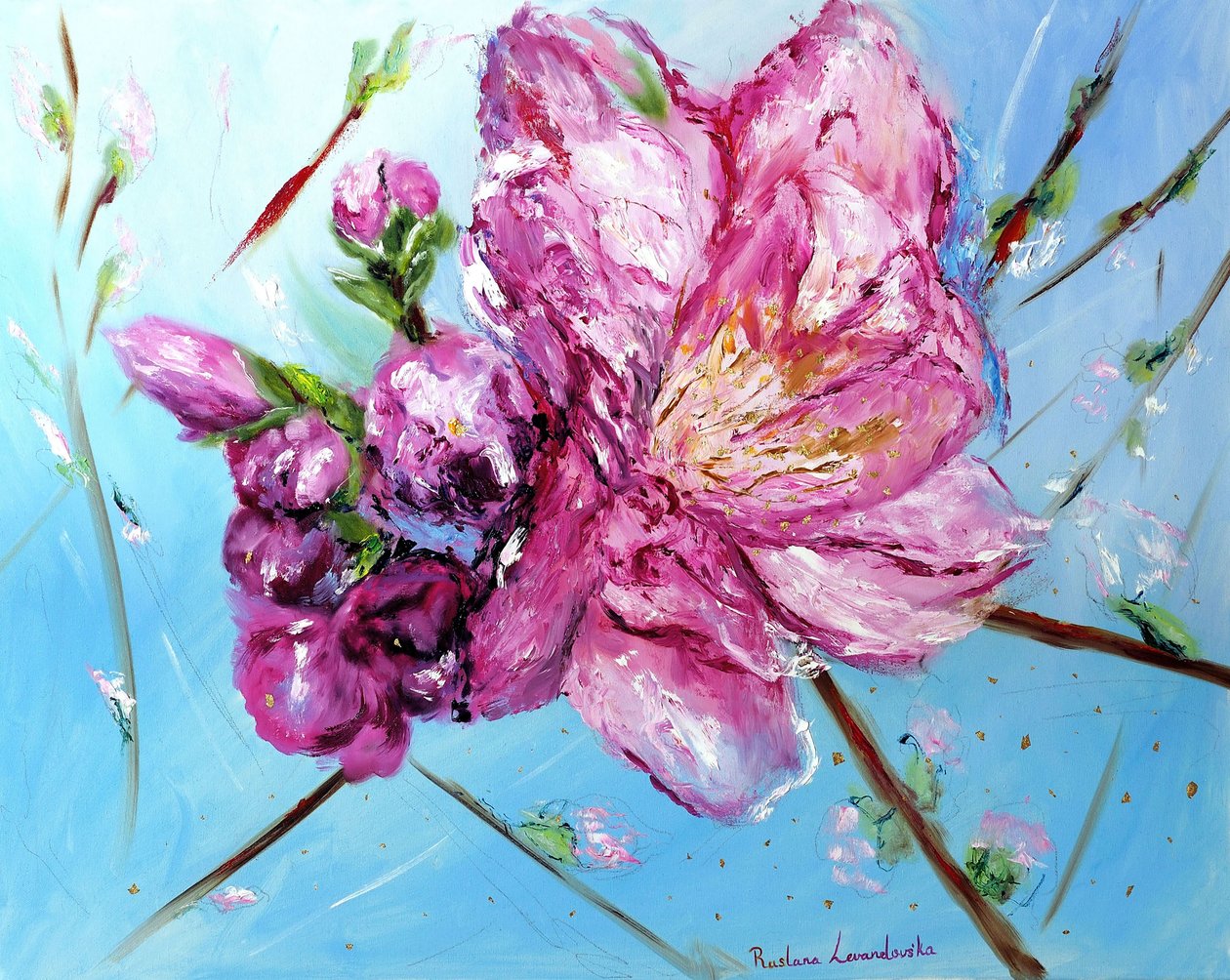 Rosa körsbärsblommor, med guldutsmyckning, 2023 (olja på duk) av Ruslana Levandovska