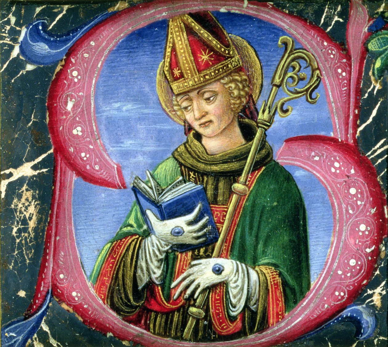 Historikerad initial S föreställande en biskopshelgon, c.1470 av Russi Francesco di Giovanni de