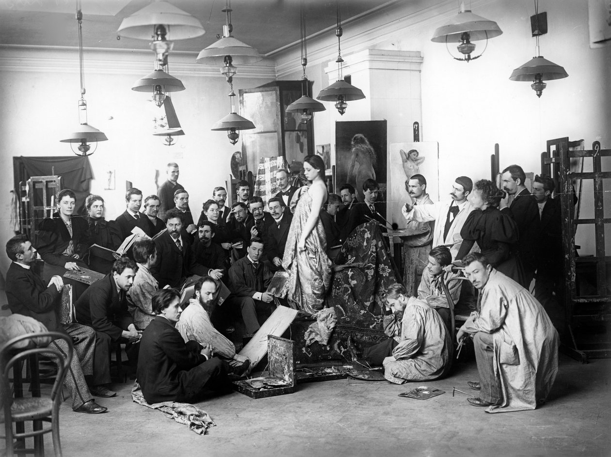 Ilya Repin undervisade i en livsklass vid Imperial Academy, St. Petersburg, 1898 av Russian Photographer