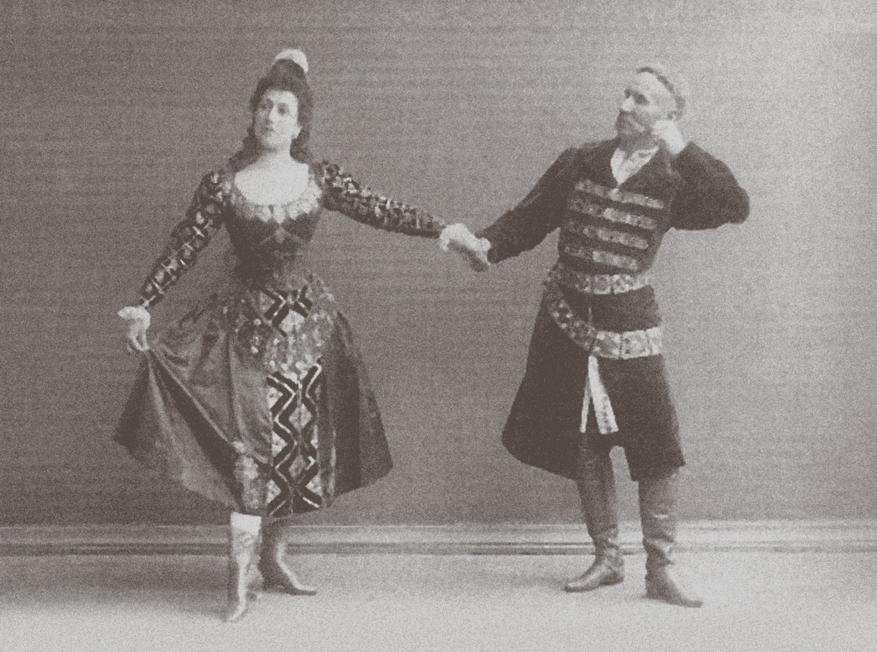 Julia och Felix Kschessinsky i mazurka (polsk dans) i originalet IvanovPetipa Swan Lake, 1895 av Russian Photographer
