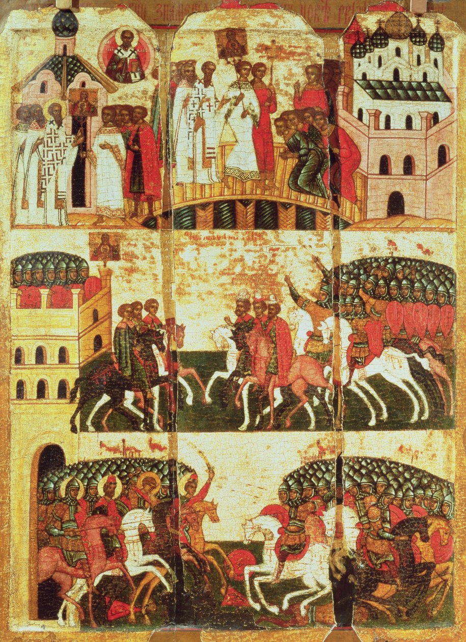 Strid mellan novgorodianerna och suzdalianerna (tempera på panelen) av Russian School