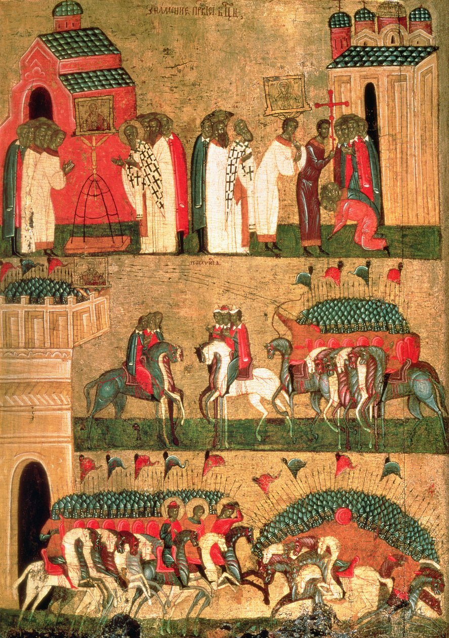 Slaget om Novgorodianerna med Suzdalians, Novgorod School, mitten av 1400-talet (tempera och guld på panel) av Russian School