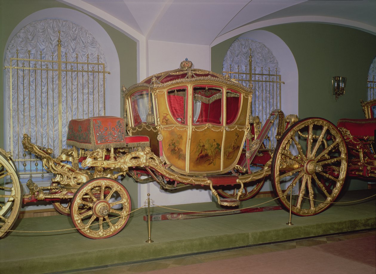 Berlins vagn av kejsarinnan Katarina II, trä, präglad brons, snideri och förgyllning på gesso-grund, målade paneler, St. Petersburg, 1769 av Russian School