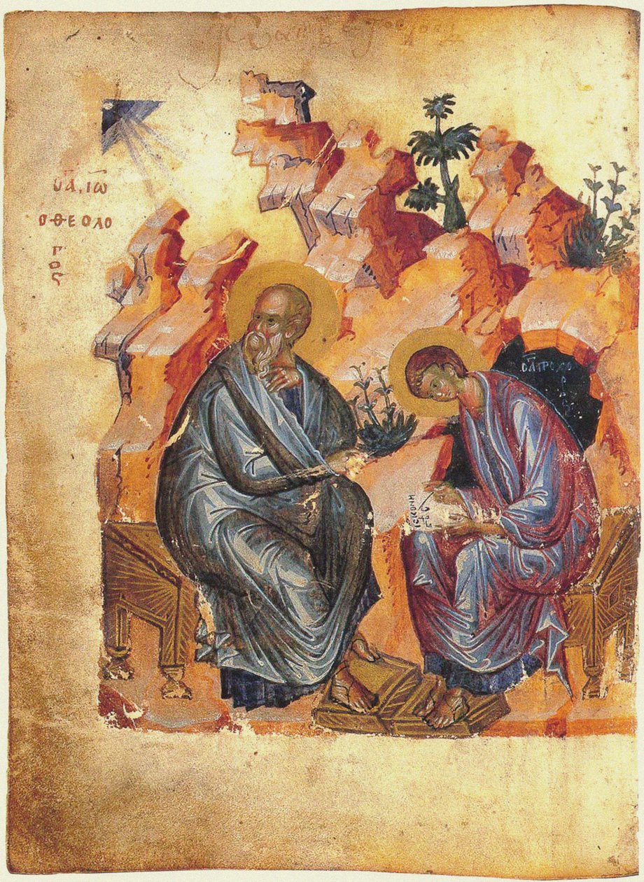Fol. 157v St. Johannes evangelisten och prochorus, Zaraisk evangelium, 1401 av Russian School