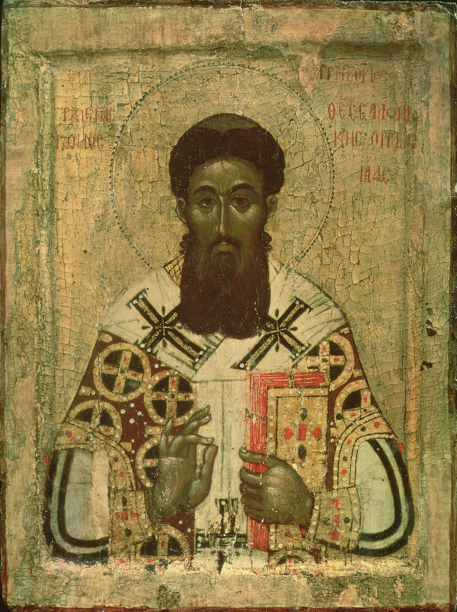 Ikon av St. Gregory (335-390) ärkebiskop av Thessaloniki (tempera på papel) av Russian School