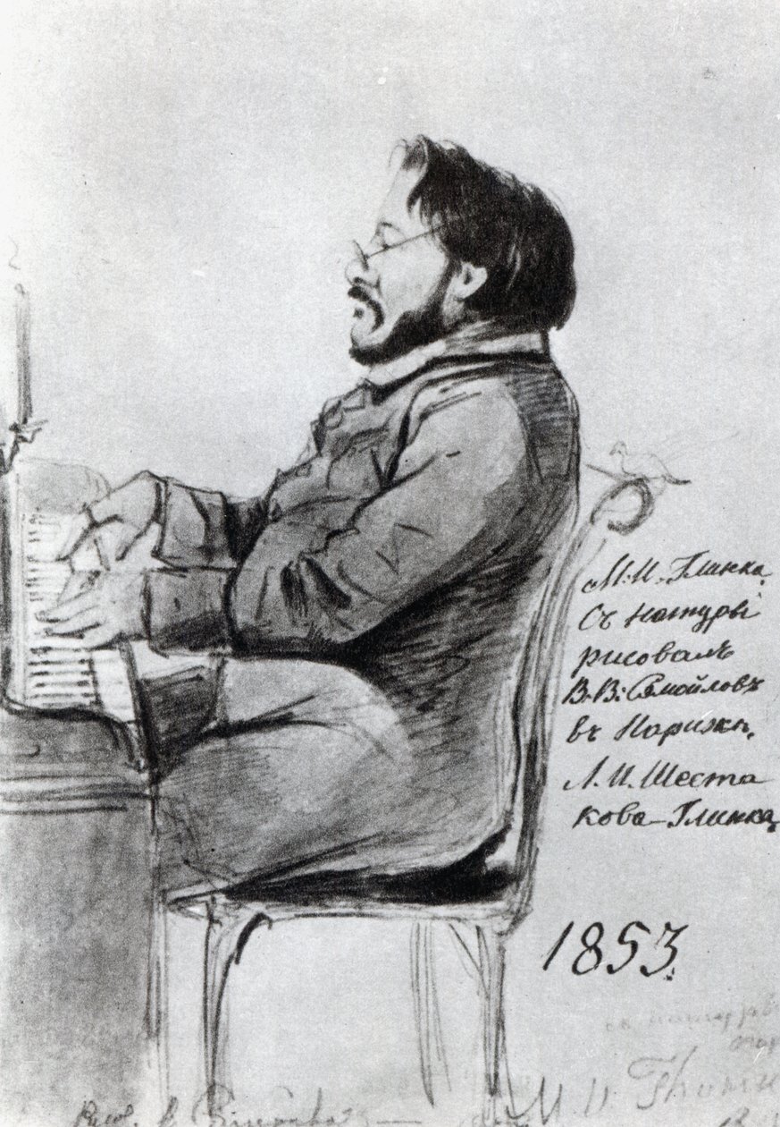 Mikhail Glinka, 1853 (penna och bläck med tvätt på papper) av Russian School
