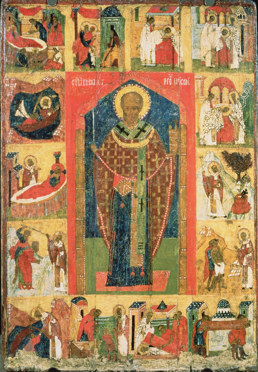 Sankt Nikolaus av Moshajsk med scener ur hans liv (tempera på panel) av Russian School