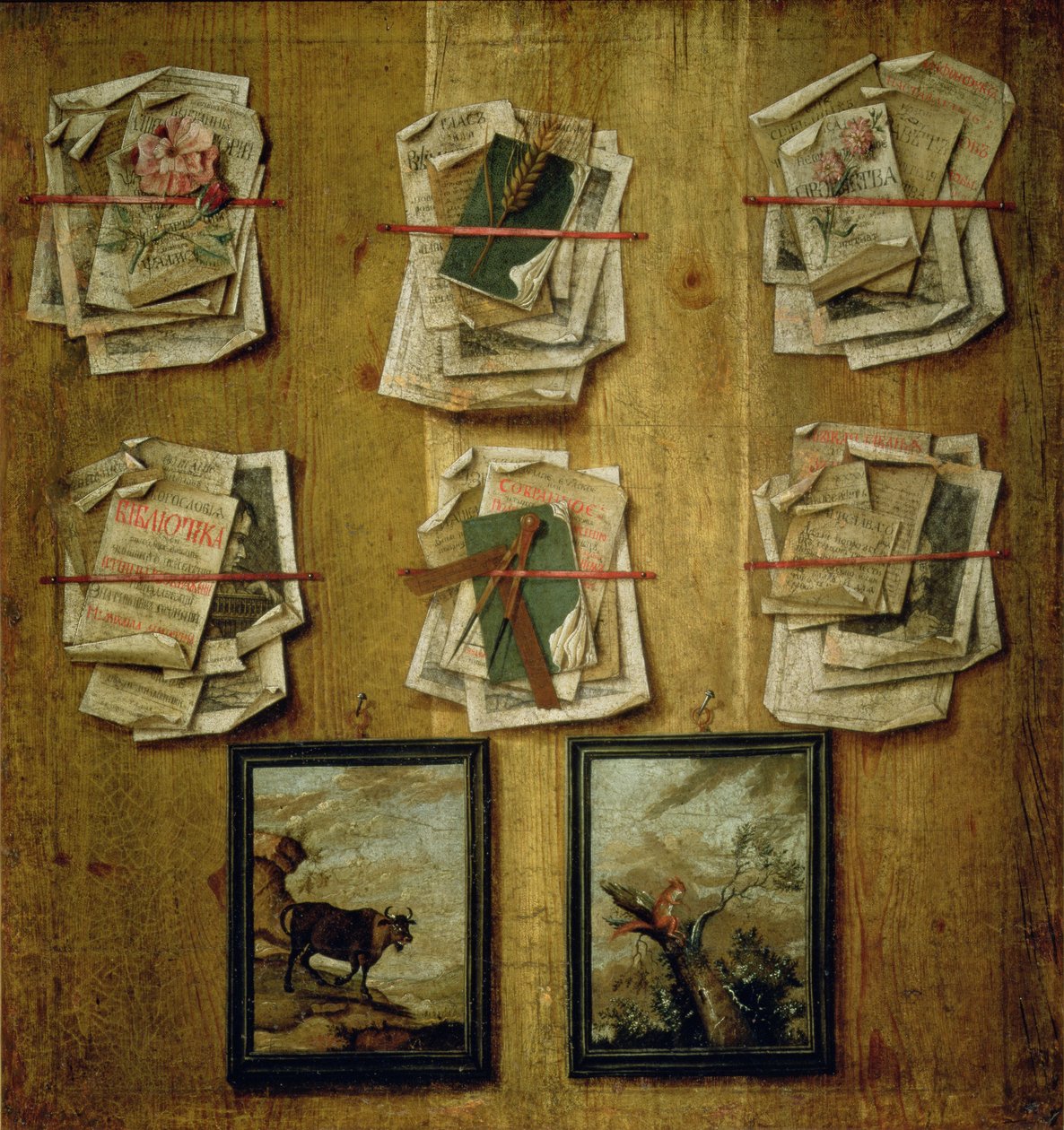 Stilleben med bokblad och bilder, 1783 av Russian School