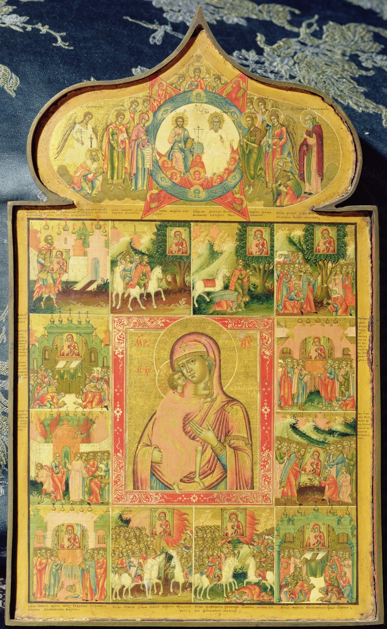 The Virgin of Theodore Stratilates with the miracles, 1759 (äggtempera på trä) av Russian School