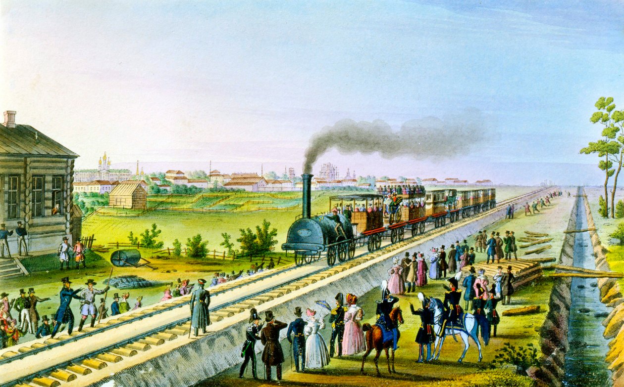 Öppnande av den första järnvägslinjen från St Petersburg till Pavlovsk, Ryssland, 1830-talet. av Russian Master