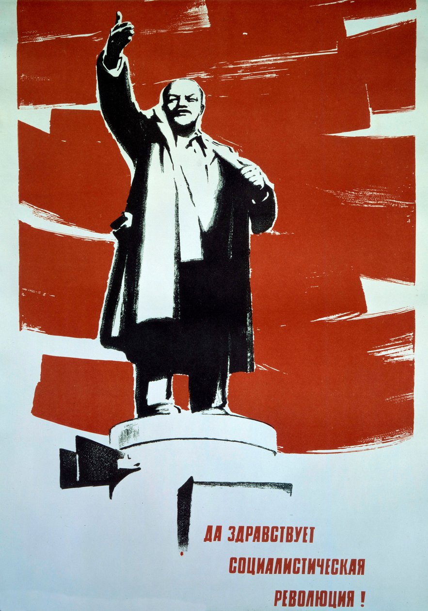 Kommunistisk propagandaaffisch föreställande en staty av Vladimir Iljitj Uljanov känd som Lenin (1870-1924), 1900-talet (tryck) av Russian School