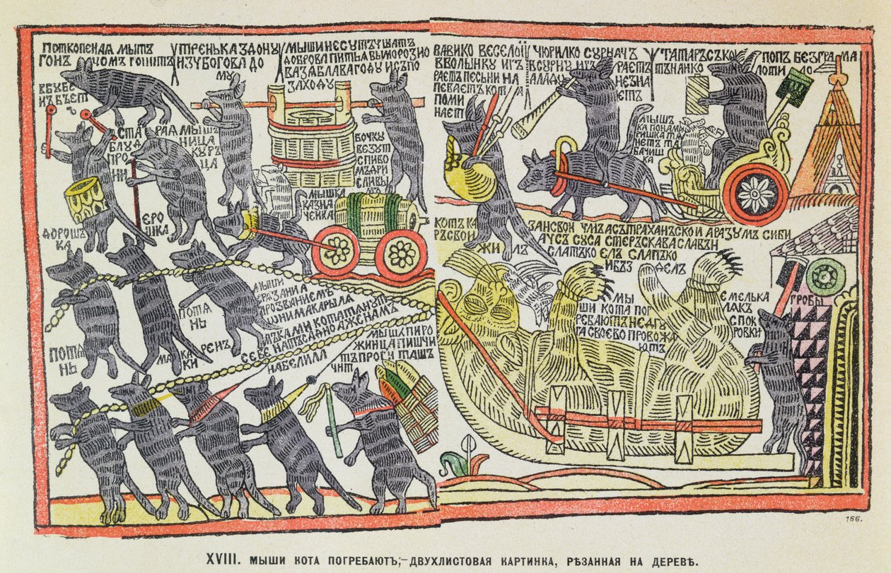 Begravningståg av möss för en död katt, karikatyr om begravningen av Peter den store, 1860 (populär färgträsnitt) av Russian School