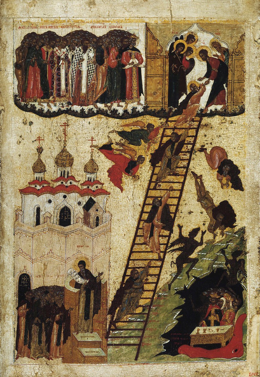 Himmelska stege av St. John Climacus (tempera på panel) av Russian School