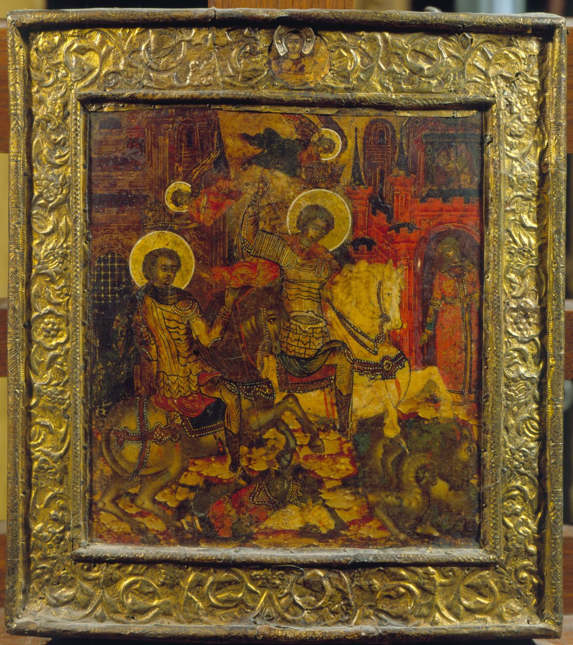Ikon som föreställer St. George och St. Demetrius, ca 1676 (tempera på panel) av Russian School