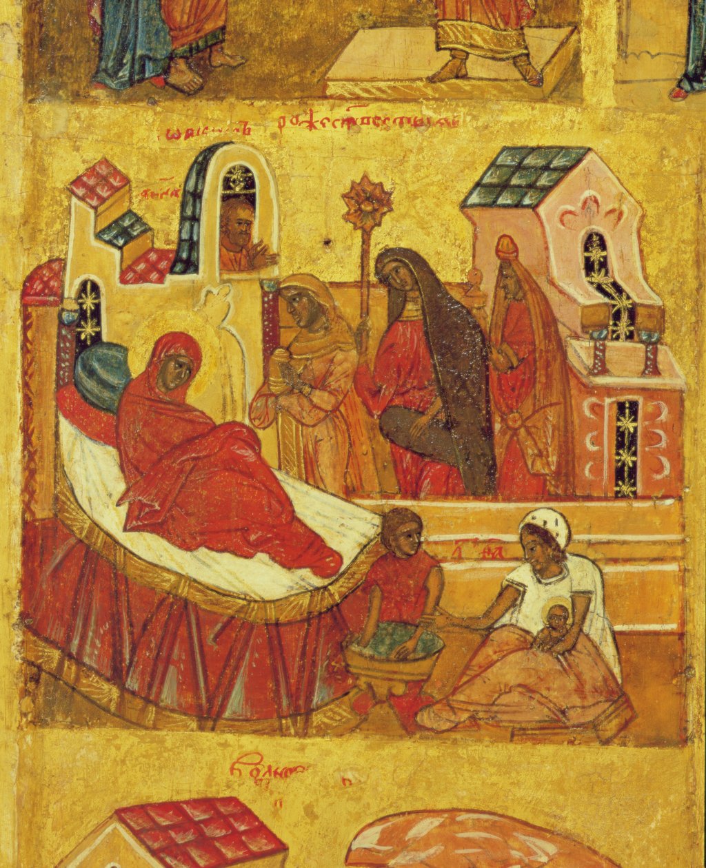 Ikon som visar Jungfruns födelse, ca 1550 (tempera och bladguld på panel) (detalj av 314500) av Russian School