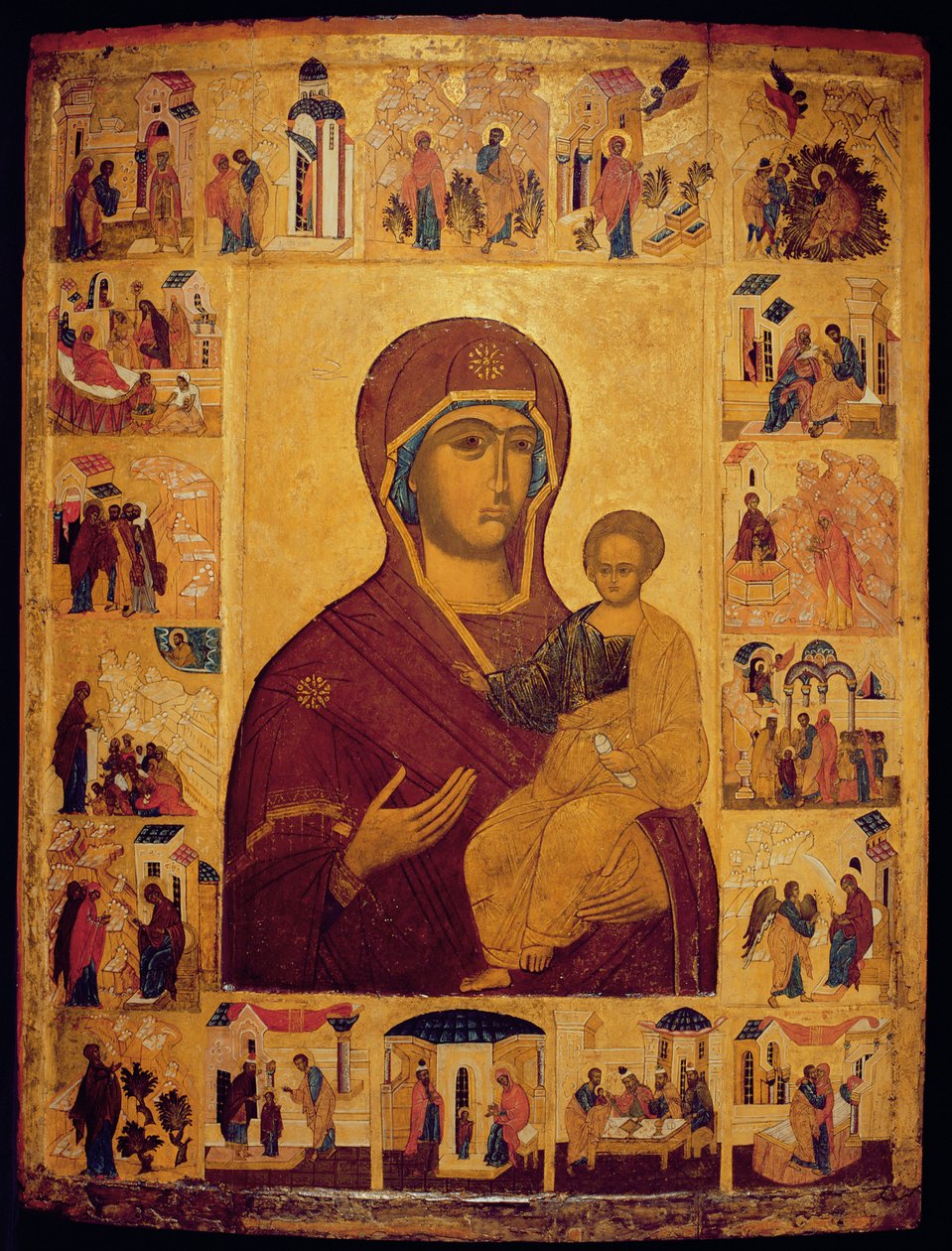 Ikon som visar Jungfrun och barnet (tempera & bladguld på panelen) av Russian School