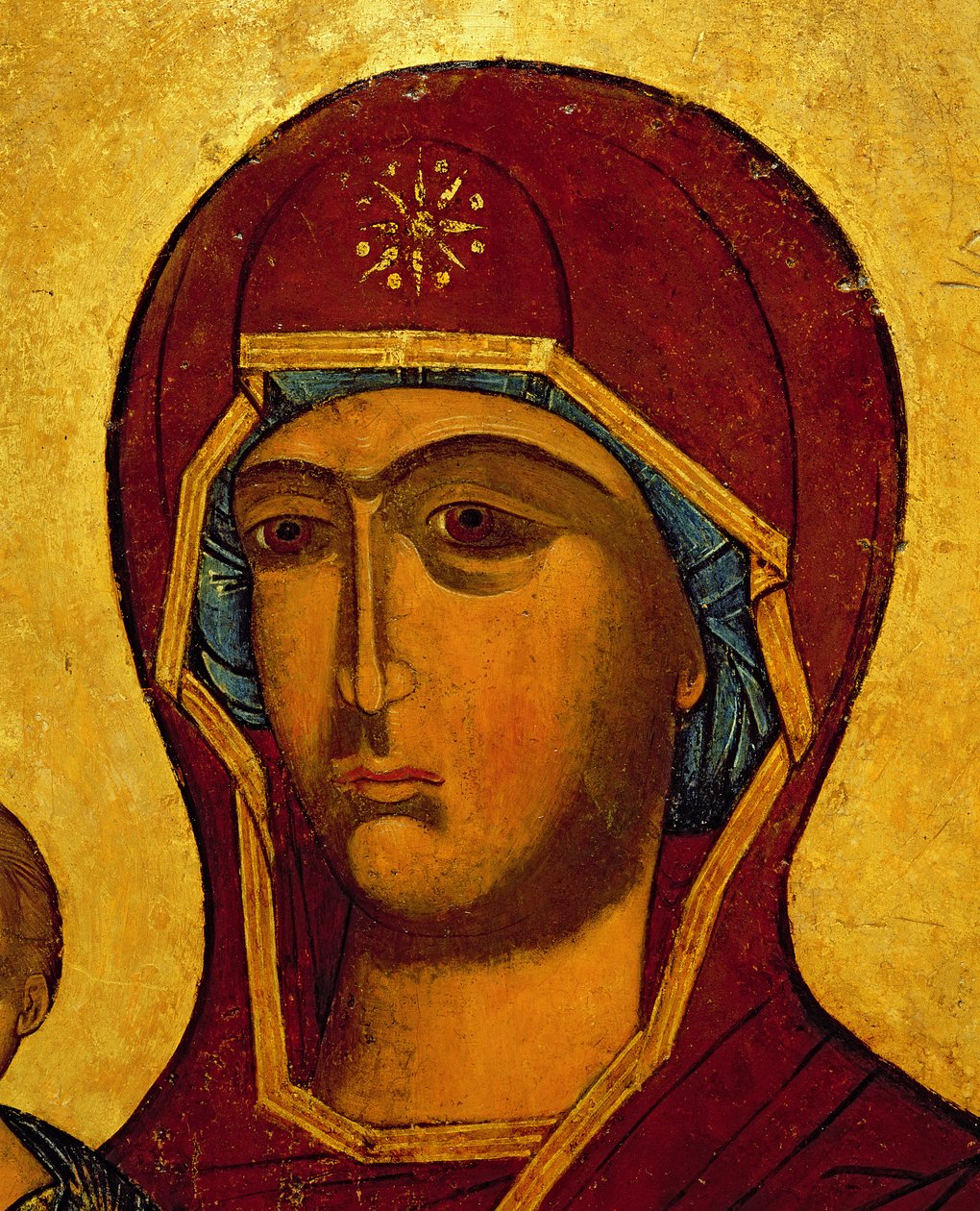 Ikon som föreställer Jungfruns huvud, ca 1550 (tempera och bladguld på panel) (detalj av 314500) av Russian School