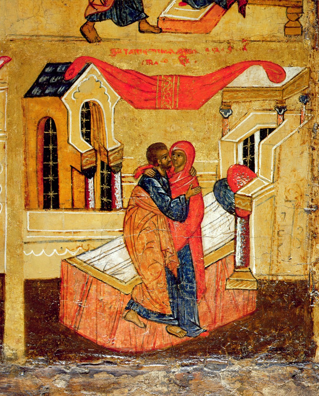 Ikon som visar mötet vid Golden Gate, ca 1550 (tempera och bladguld på panel) (detalj 314500) av Russian School