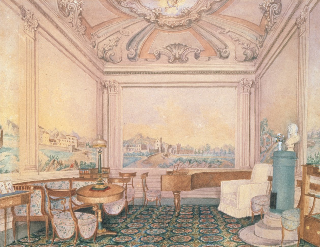 Interiör av mottagningsrummet i en herrgård, 1840-50-tal (wc på papper) av Russian School