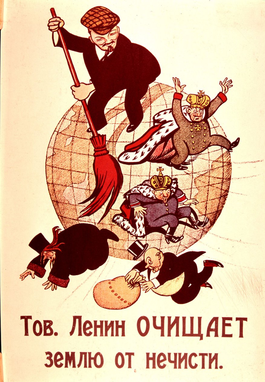 Lenin sveper över monarki, kyrka och bourgeoisi (tryck) av Russian School