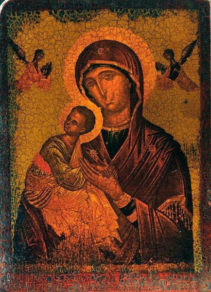 Madonnan och barnet (olja på träpanel) av Russian School