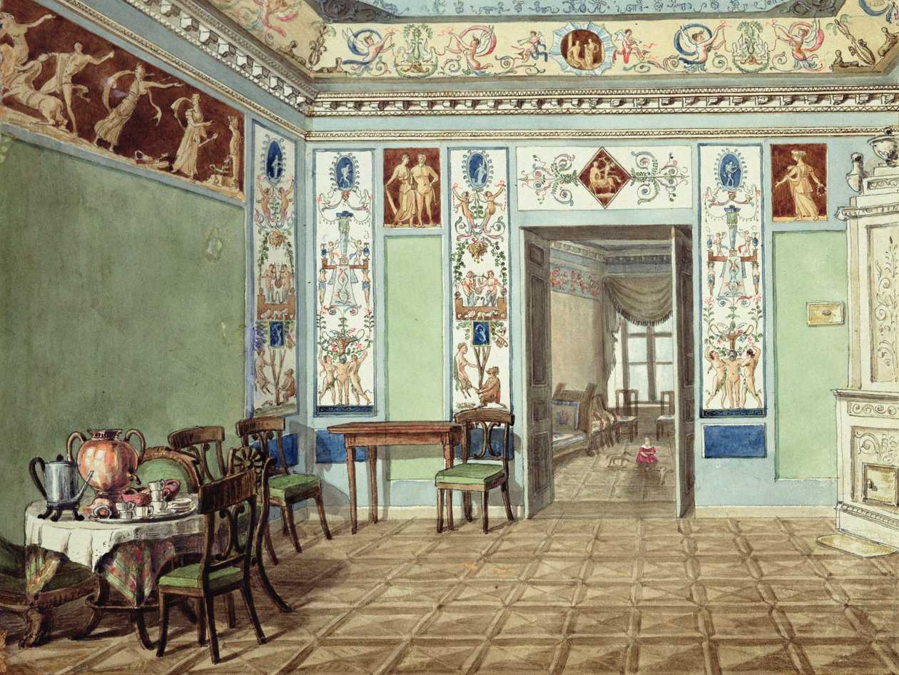 Nyklassiskt etruskiskt frukostrum, 1820 (wc på papper) av Russian School